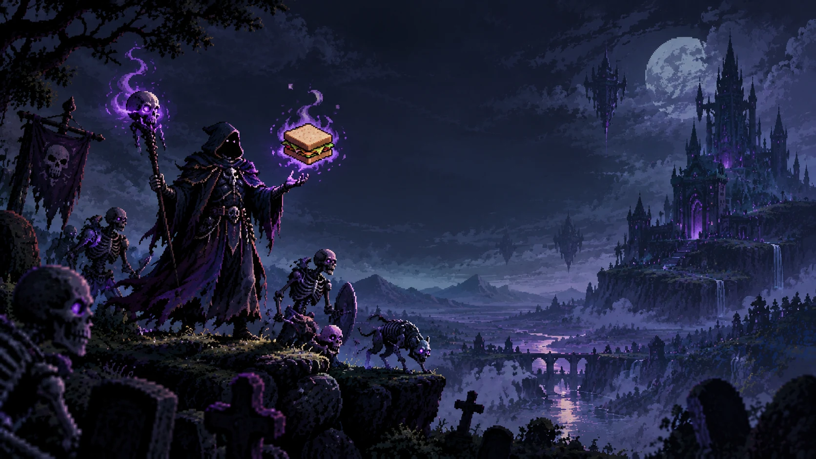 Pixel art of a hooded necromancer conjuring a glowing sandwich, with skeleton minions on a graveyard cliff and a dark castle under the moon