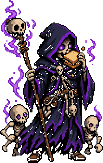 Pixel art of a hooded skeleton necromancer with a skull-topped staff, taking a bite of a sandwich while two skeleton minions stand beside him